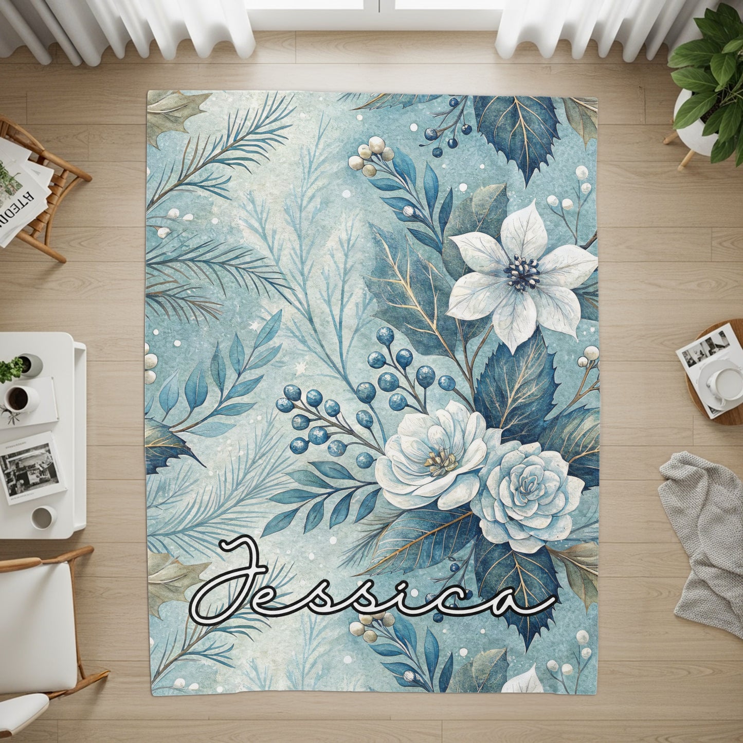 Personalized Blue Floral Design Area Rug for Home Decor