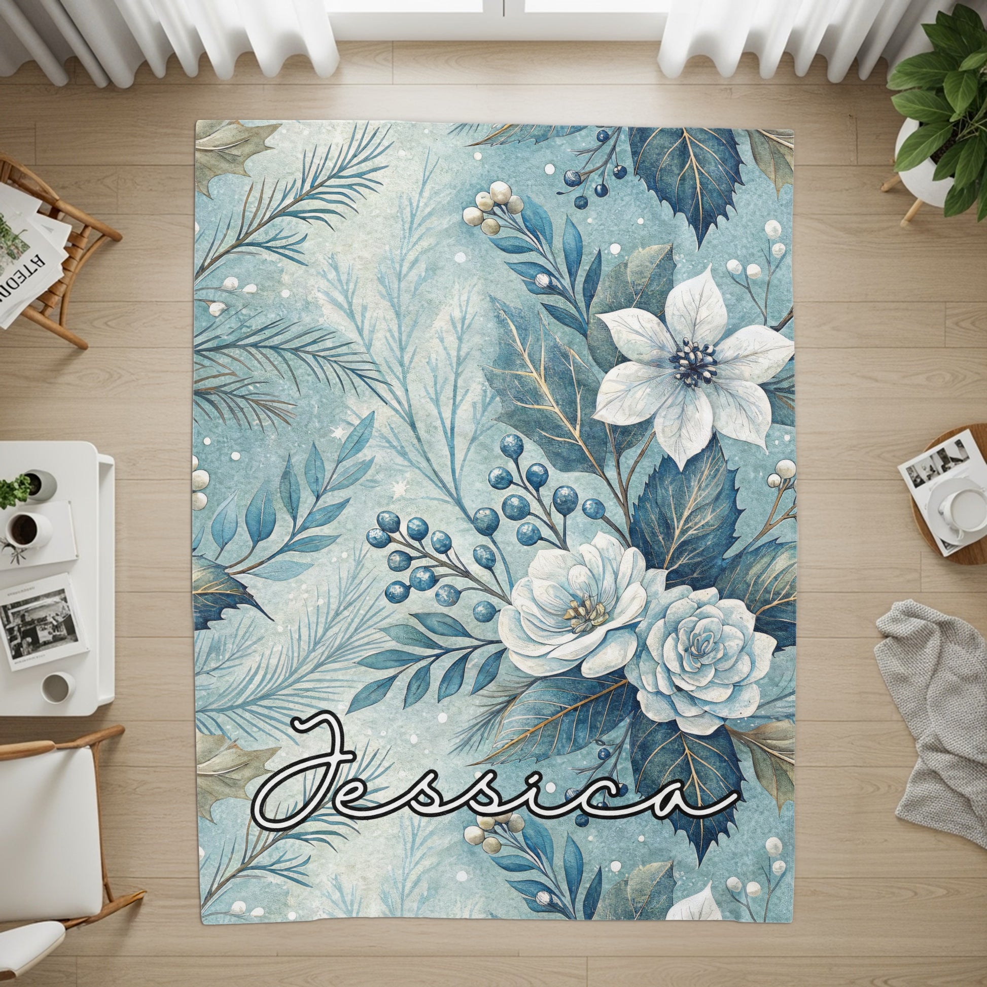 Personalized Blue Floral Design Area Rug for Home Decor