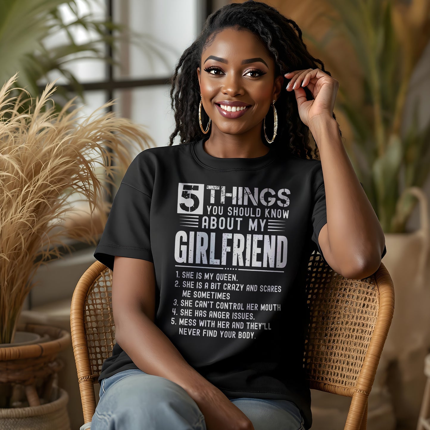 Black t-shirt with white text listing "5 Things You Should Know About My Girlfriend".