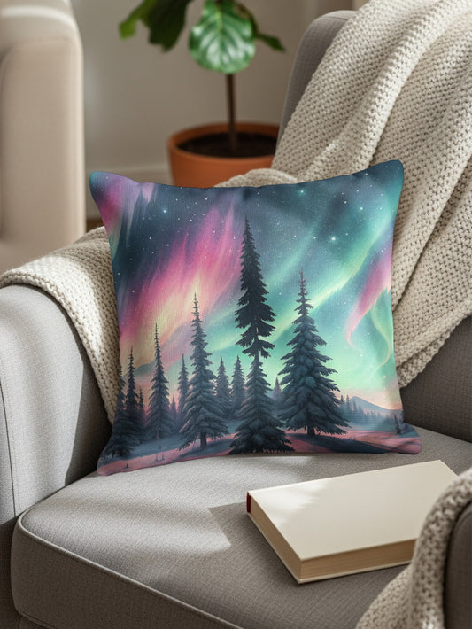 Northern Lights and Pine Trees Decorative Pillow