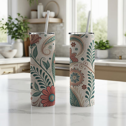 Floral Patterned Stainless Steel Tumbler with Straw