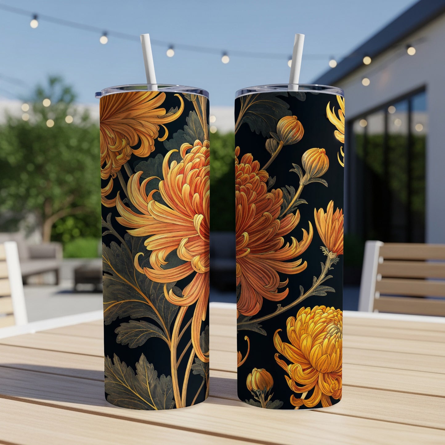 Golden Chrysanthemums Floral Design on Black Background Tumblers - Walk Greener