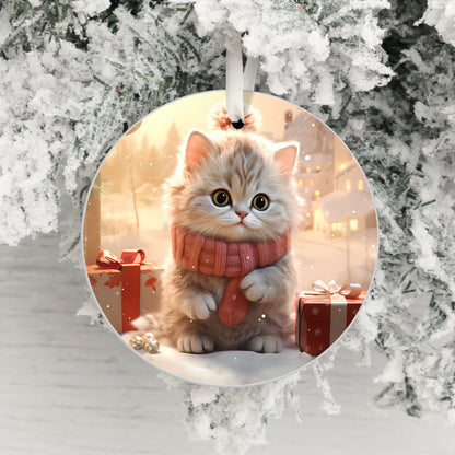 Fluffy Kitten in Snow Scene Round Ornament product type