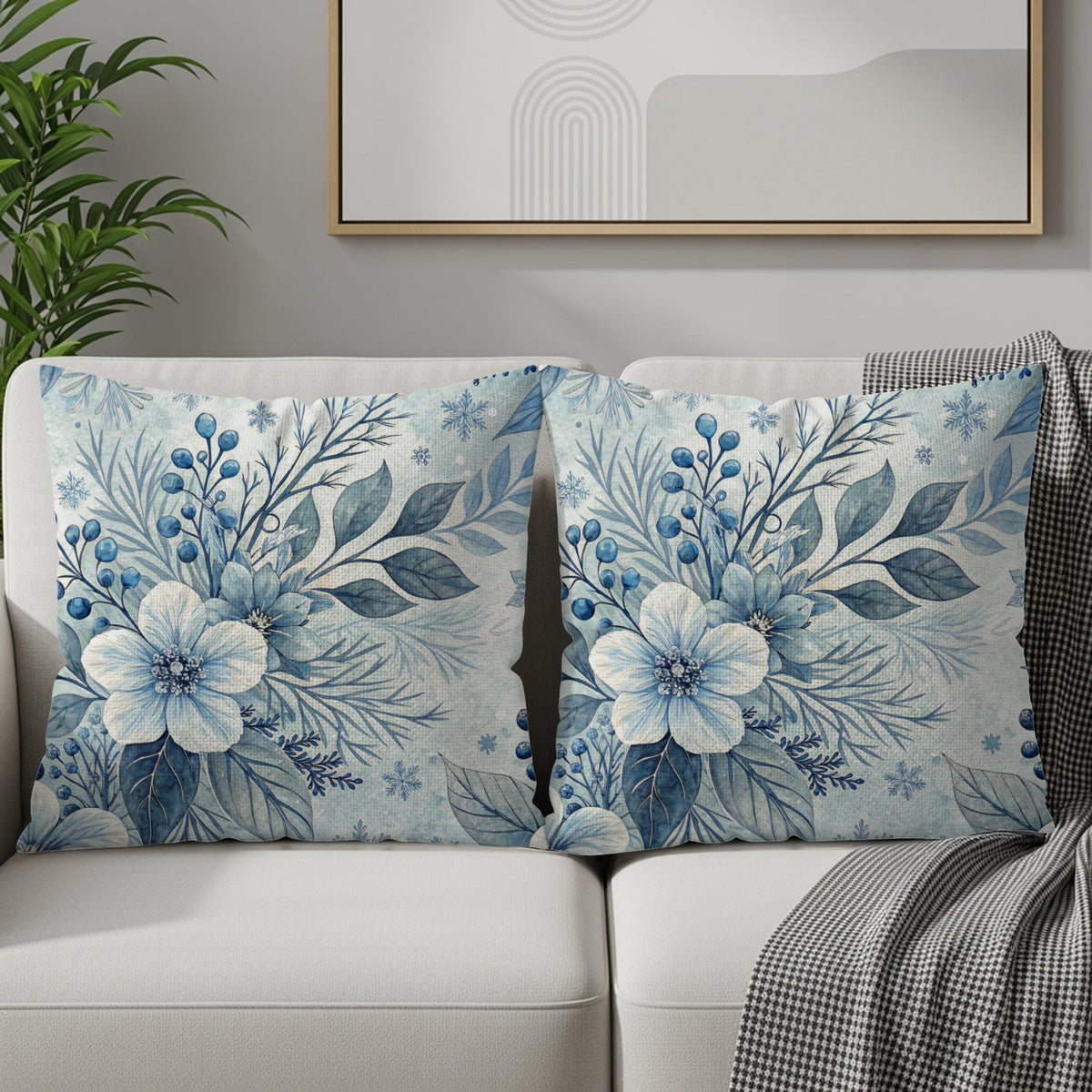 Blue Floral Design Throw Pillow Covers Set of 2