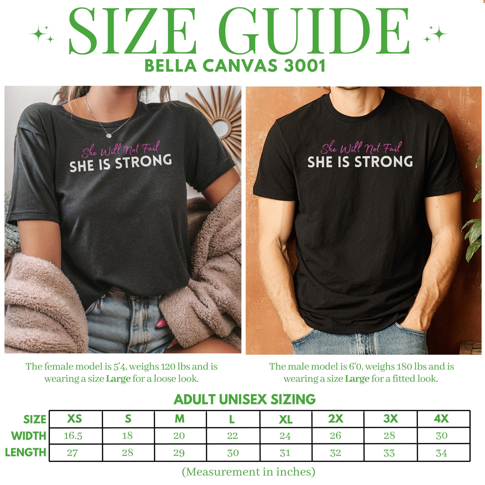 Size guide with t-shirt prints, model descriptions, and measurement chart.