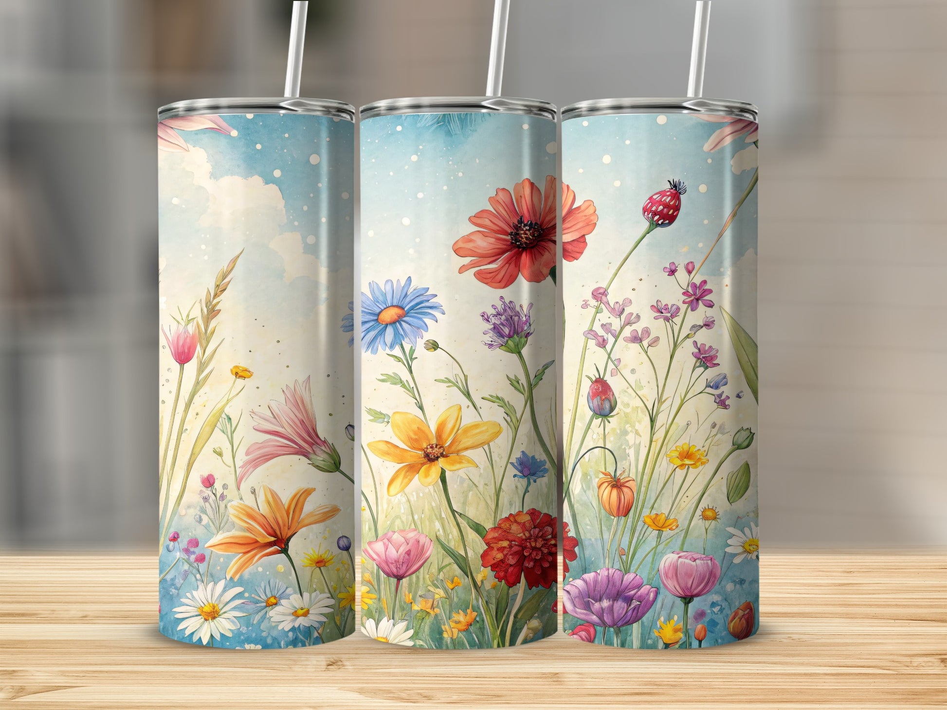 Watercolor Floral Field Design Perfect for 20 oz Skinny Tumbler - Walk Greener