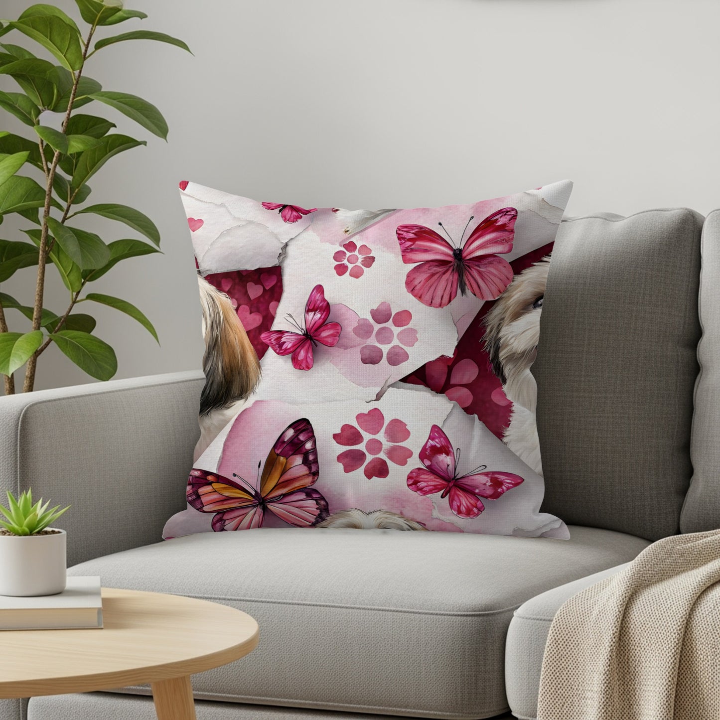 Dog with Butterflies on Pink Floral Background Throw Pillows - Walk Greener