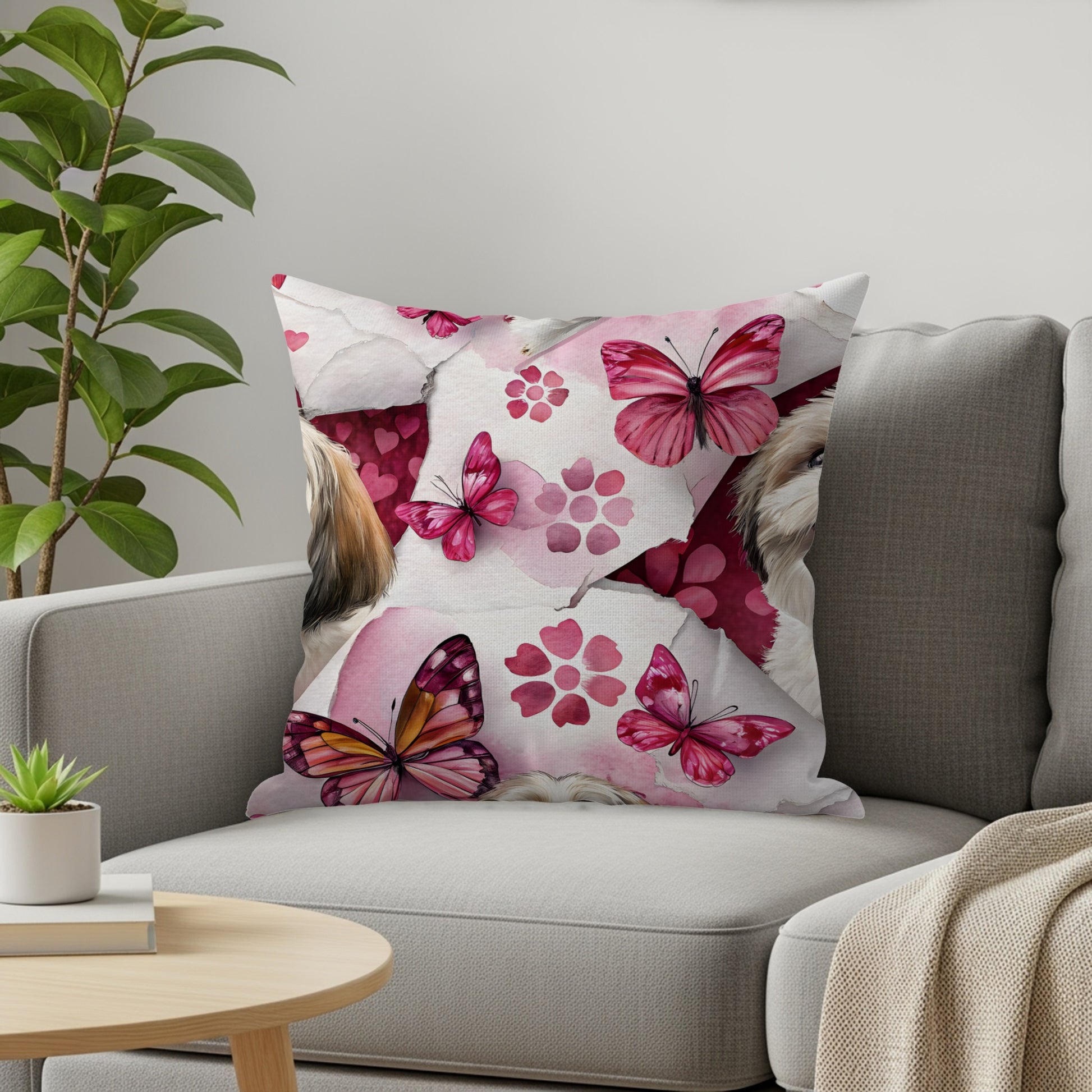 Dog with Butterflies on Pink Floral Background Throw Pillows - Walk Greener