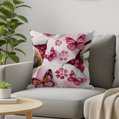 Dog with Butterflies on Pink Floral Background Throw Pillows - Walk Greener