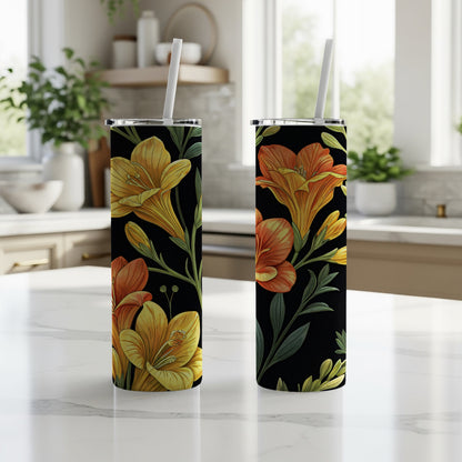 Floral Black and Yellow Tumbler With Straws drinkware