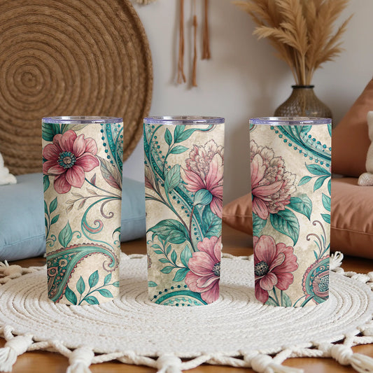 Floral Turquoise with Paisley Design 20 oz Skinny Tumbler - Walk Greener