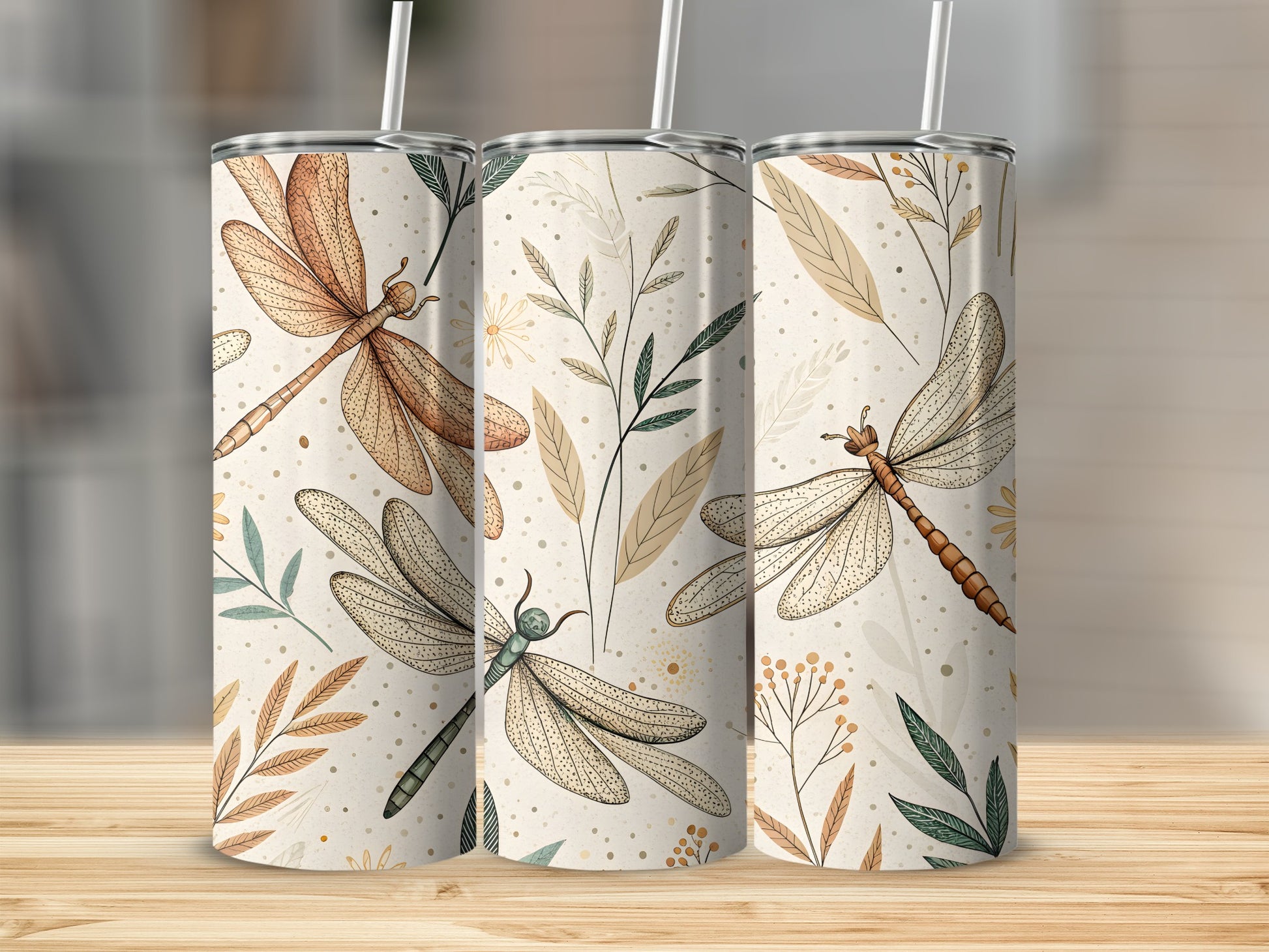 Elegant Dragonfly and Floral Pattern Tumbler Design