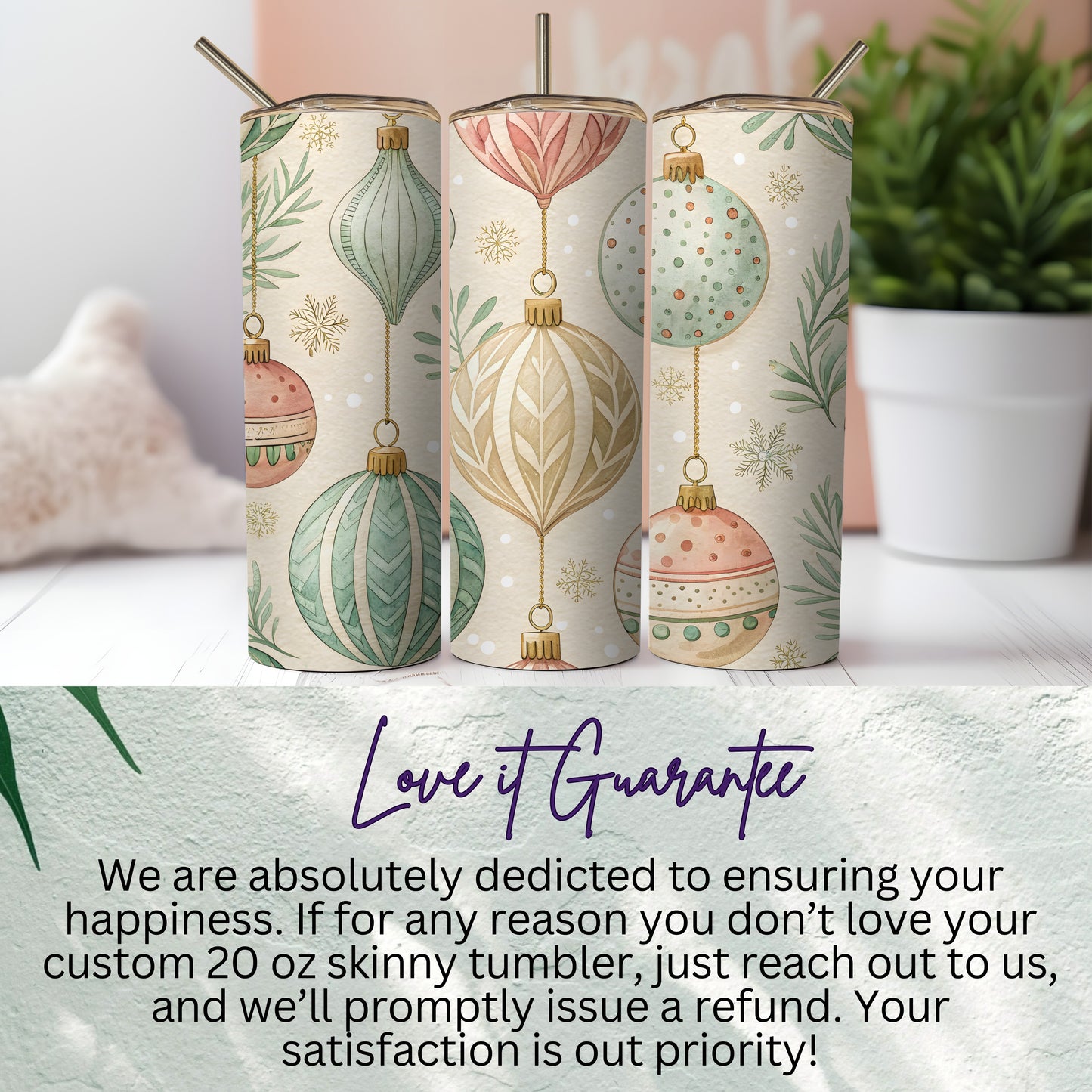 Custom 20 oz Skinny Tumbler with Festive Ornament Design