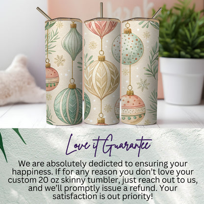 Custom 20 oz Skinny Tumbler with Festive Ornament Design