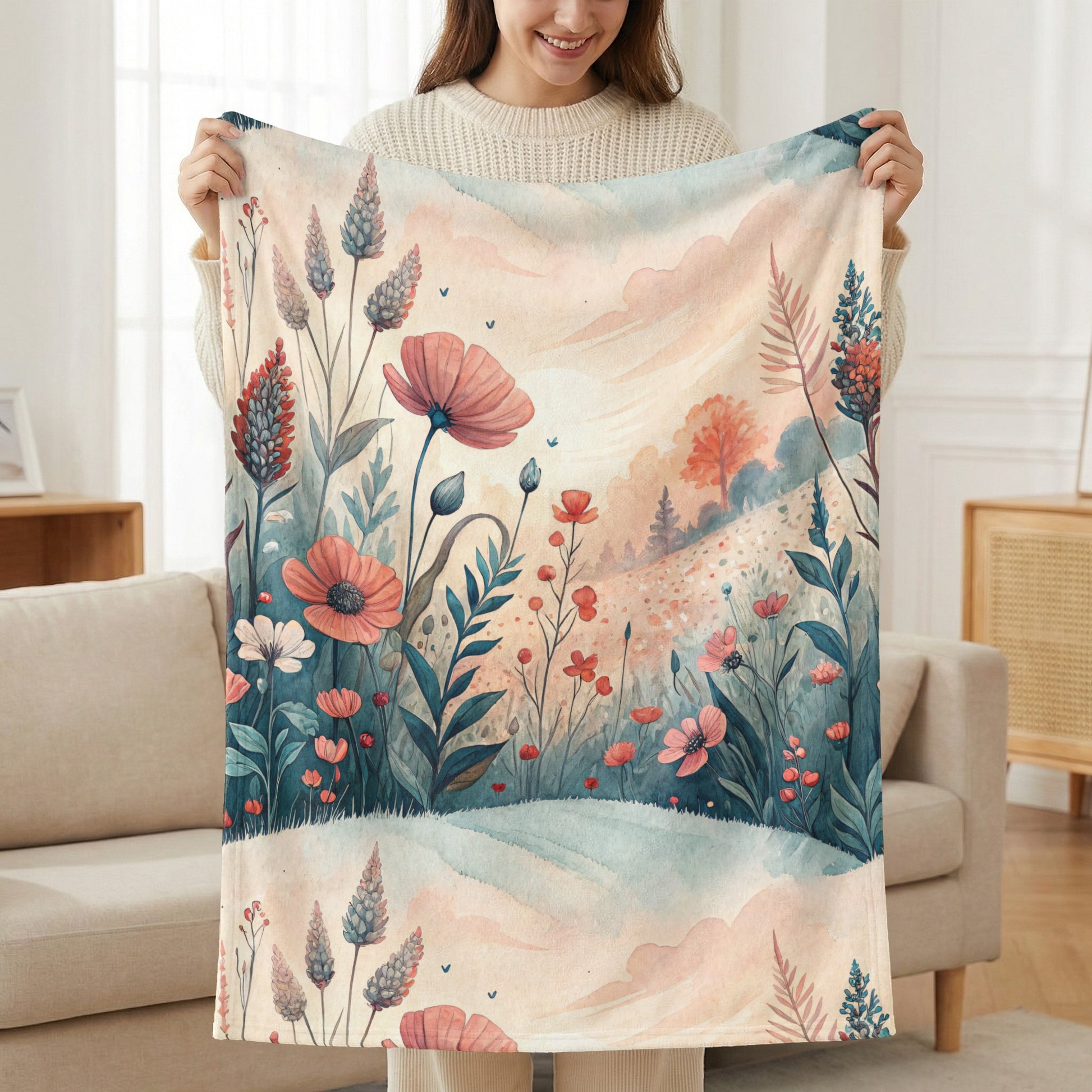 Floral Meadow in Watercolor Style Art Print Velveteen Plush Blankets - Walk Greener