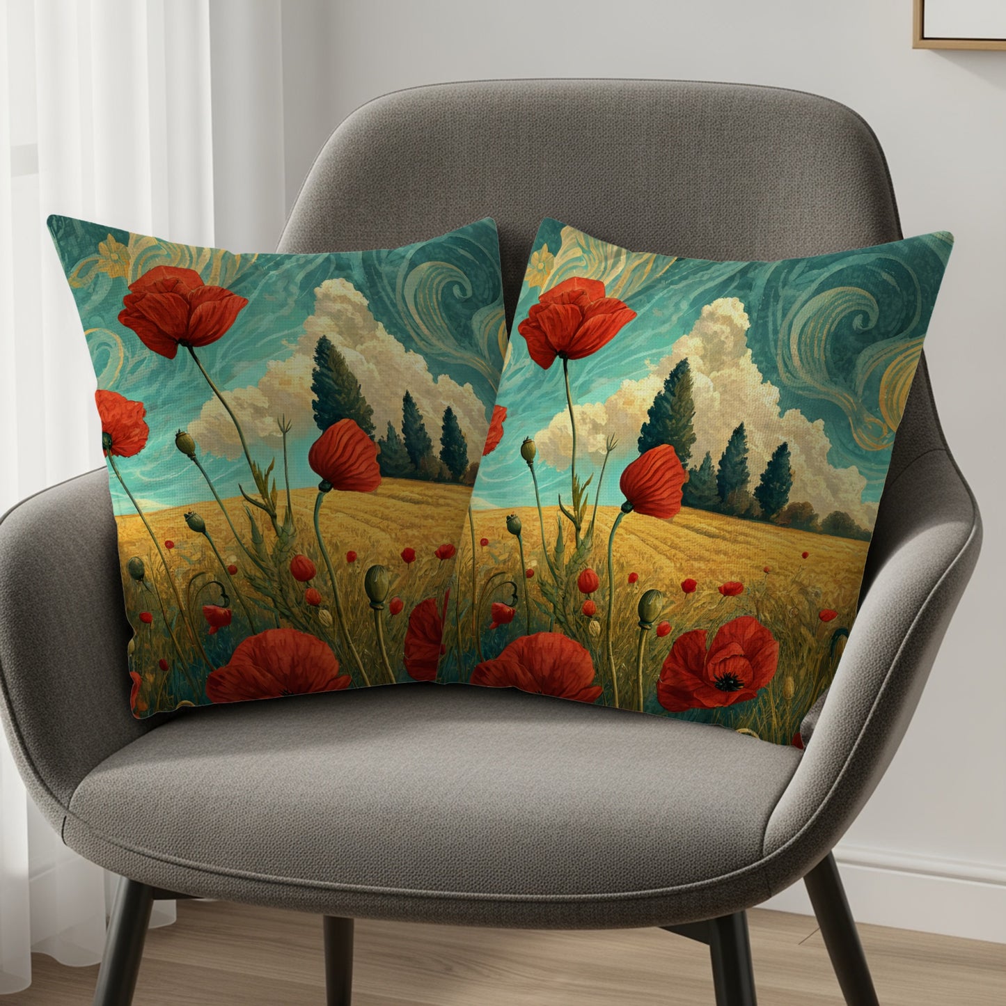 Poppies On A Summer Day Landscape Art Throw Pillows - Walk Greener
