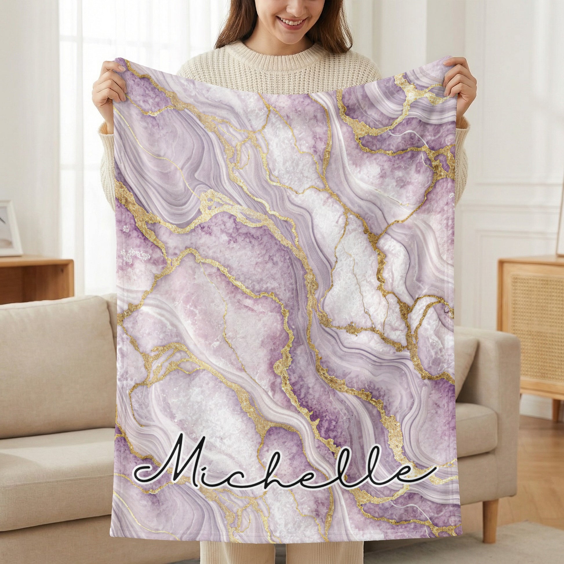 Personalized Marble Design Purple Blanket Michelle