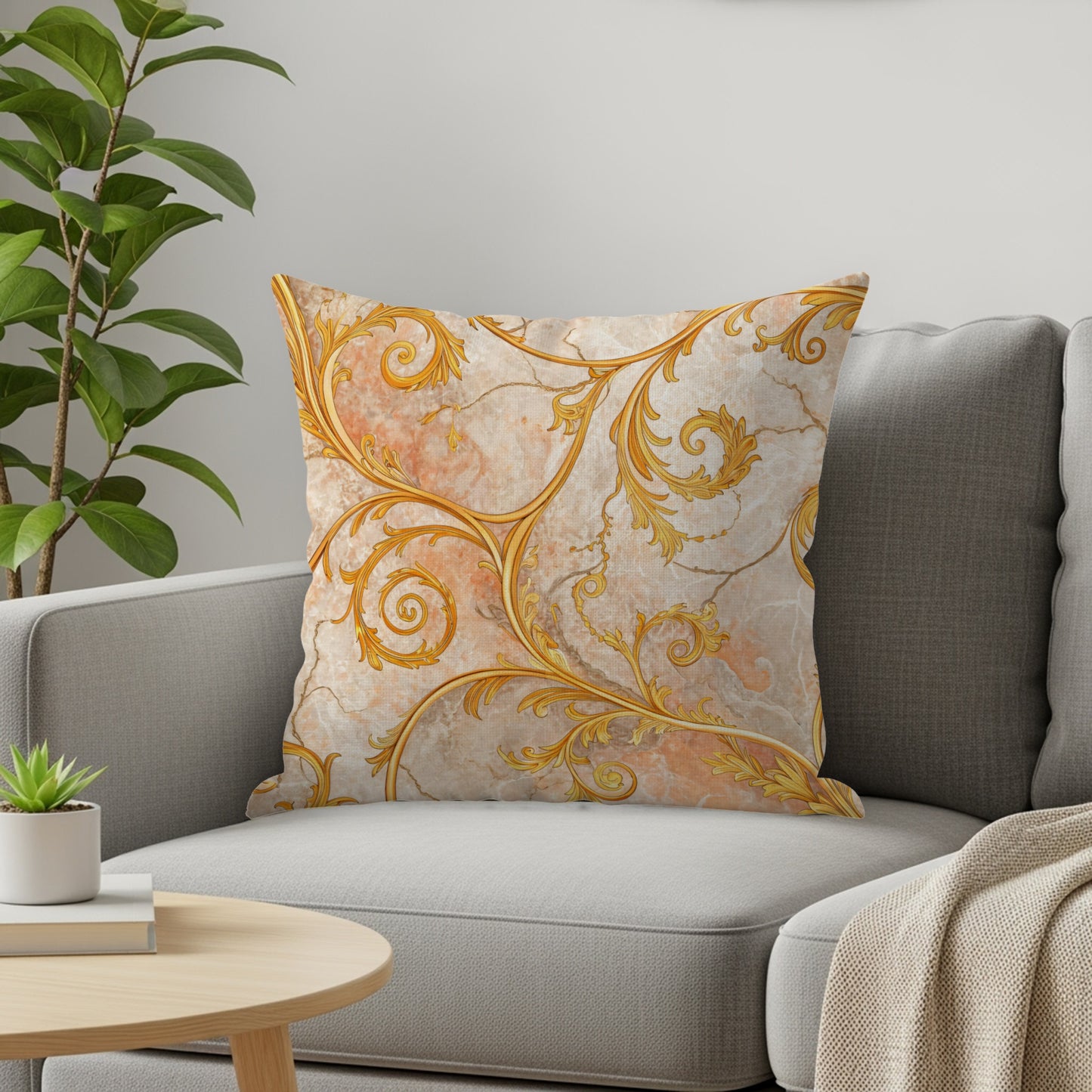 Golden Floral Swirls Over Faux Marble Decorative Floral Throw Pillows - Walk Greener