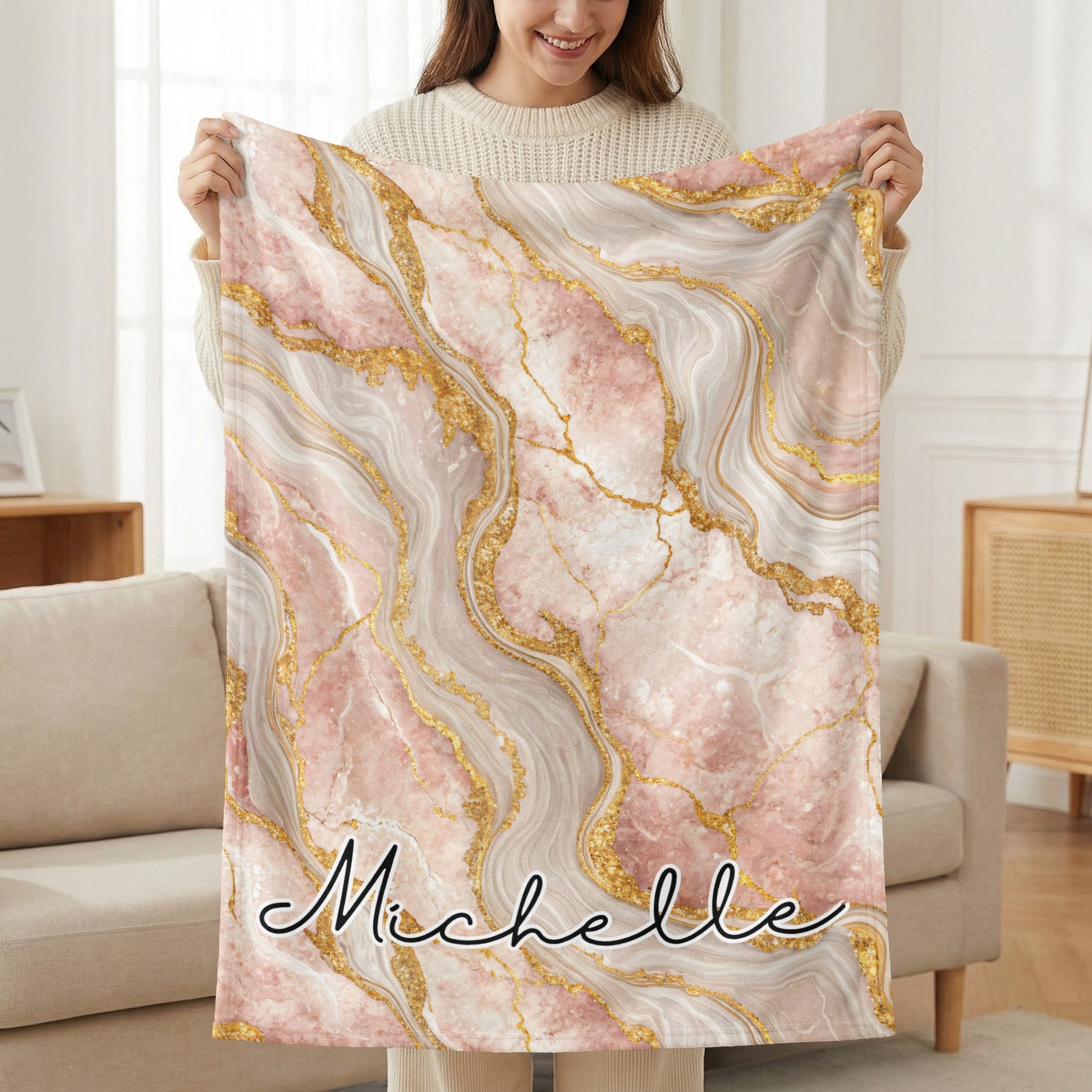 Marble Texture with Custom Name Elegant Design Custom Blanket - Walk Greener