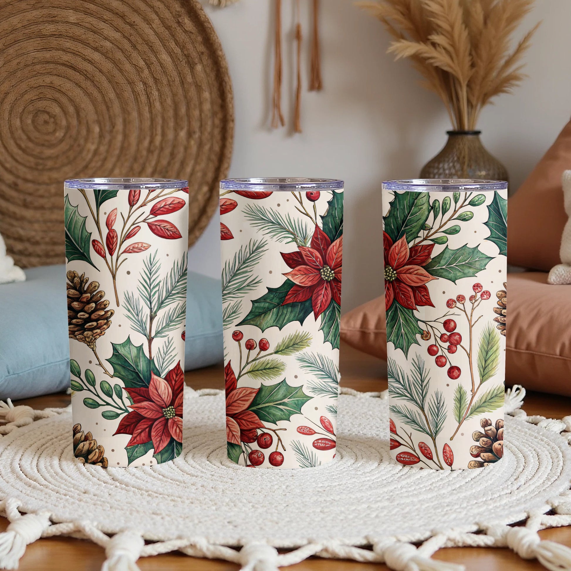 Festive Floral and Pinecone Design Insulated Travel Tumbler