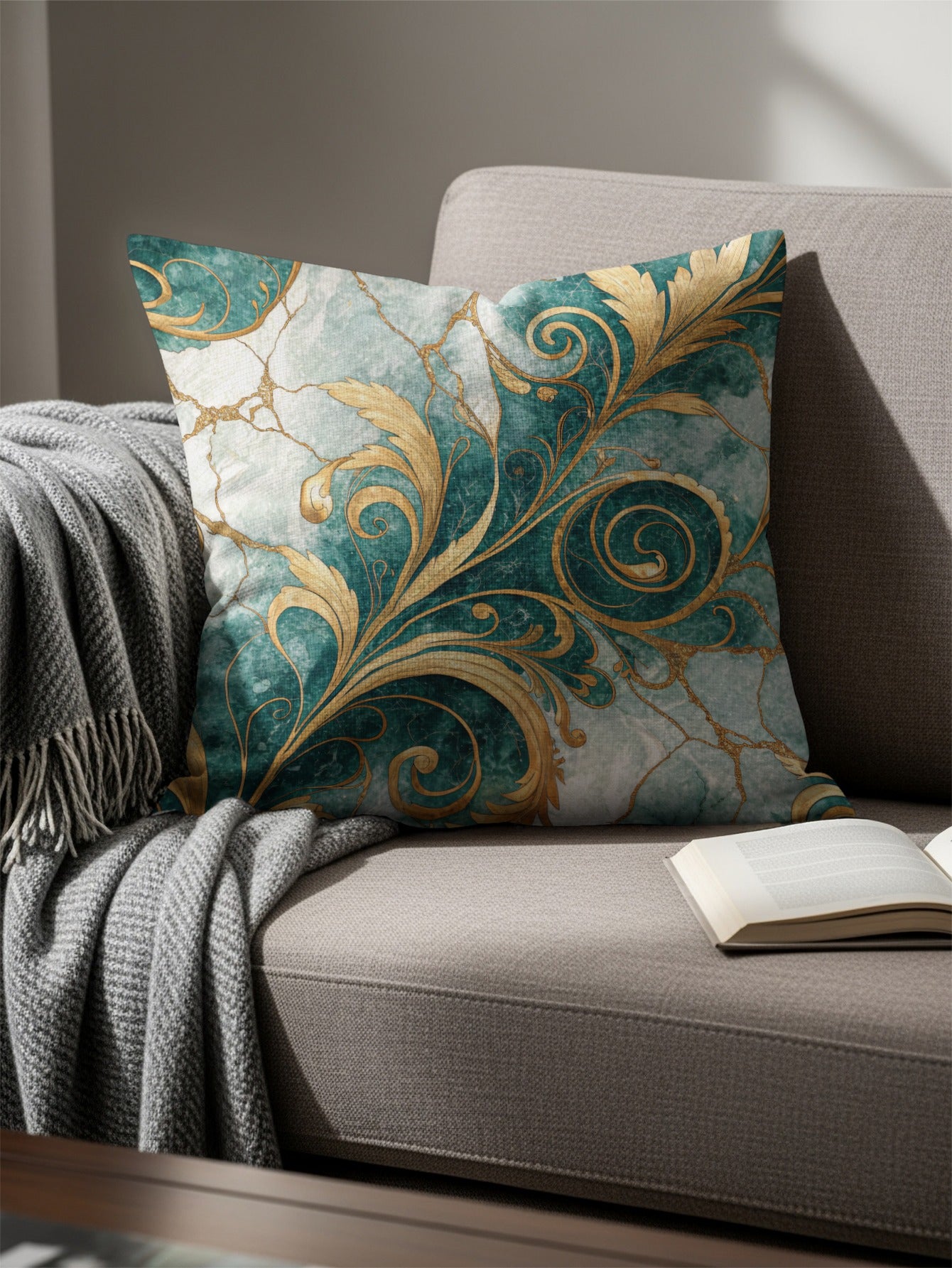 Teal and Gold Floral Pattern Elegant Decorative Floral Throw Pillows - Walk Greener