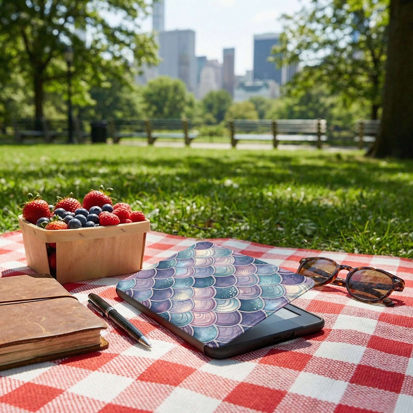 Vibrant City Park Picnic Scene with Juice and Snacks