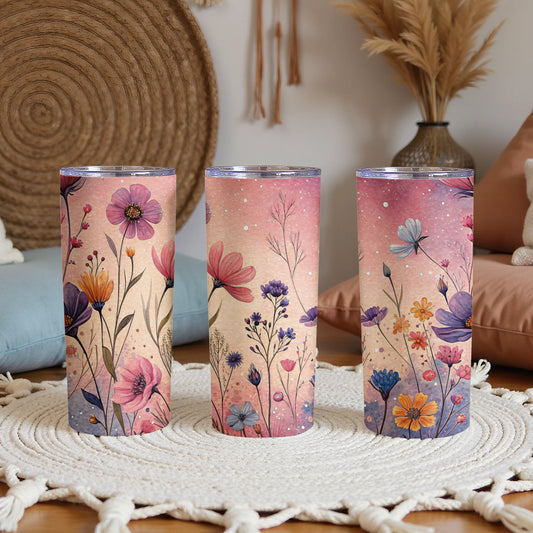 Floral Watercolor on Pink and Beige Background 20 oz Skinny Tumbler - Walk Greener