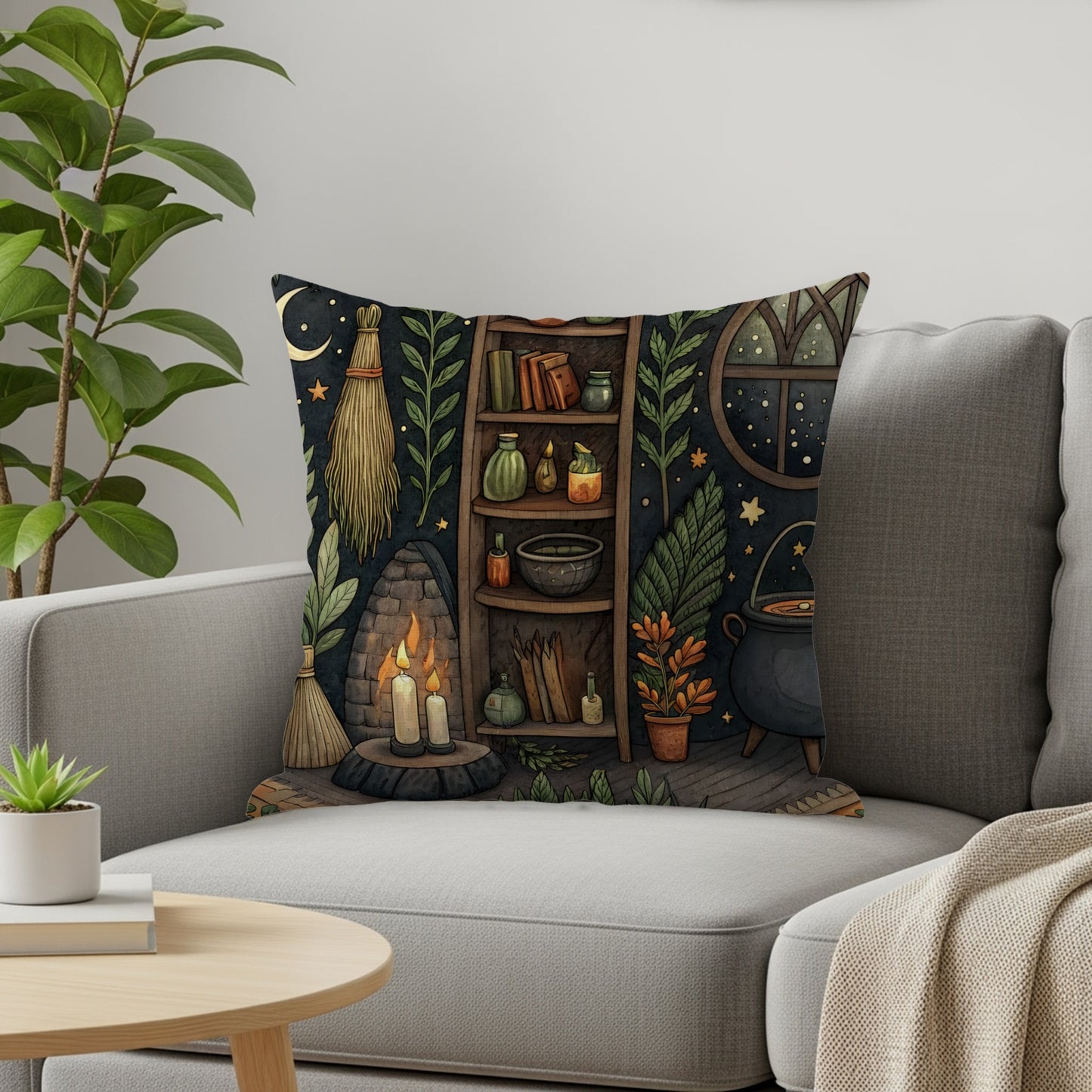 Cozy Witch Cottage with Cauldron and Candle Throw Pillows - Walk Greener