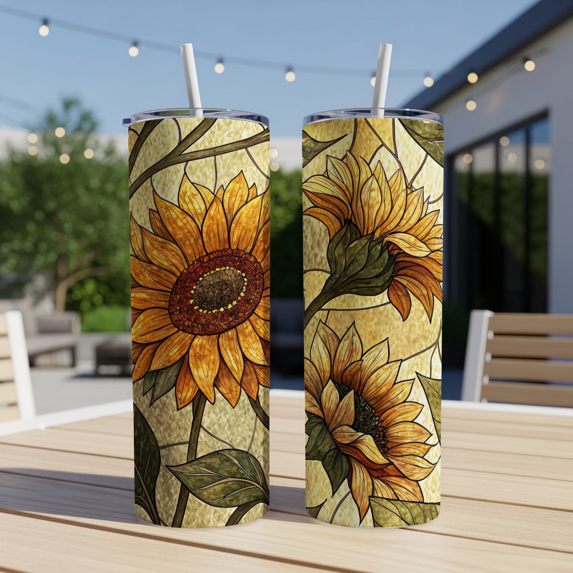 Sunflower Bloom Stained Glass Style Design 20 oz Skinny Tumbler - Walk Greener