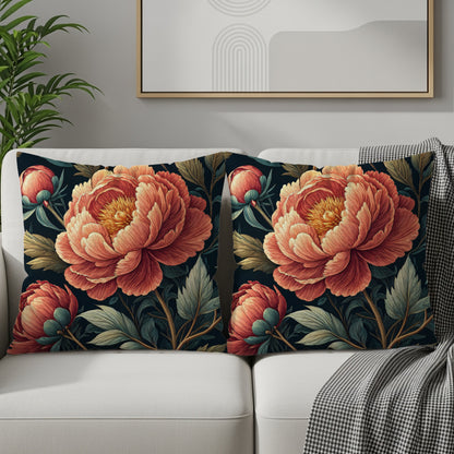 Elegant Floral Art Peonies with Dark Background Decorative Floral Throw Pillows - Walk Greener