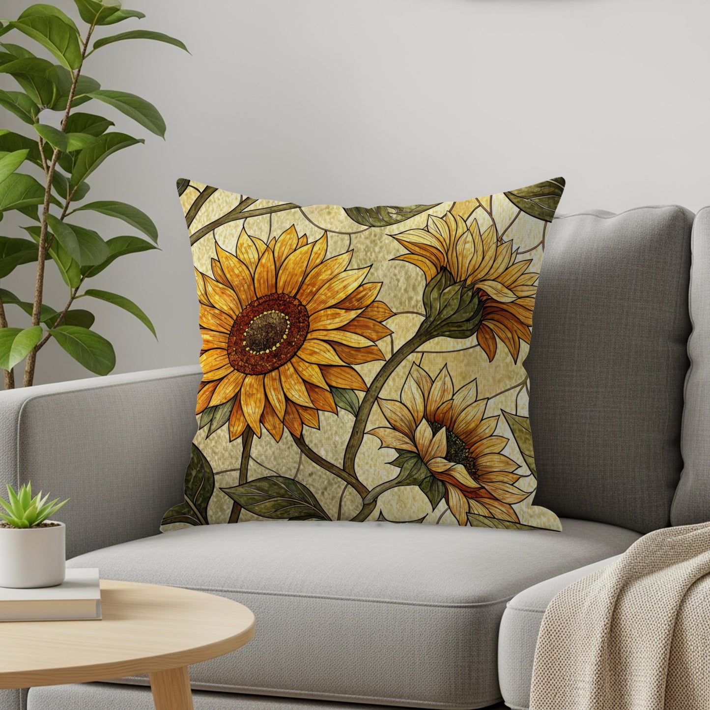 Sunflower Stained Glass Style Pattern Golden Background Throw Pillows - Walk Greener