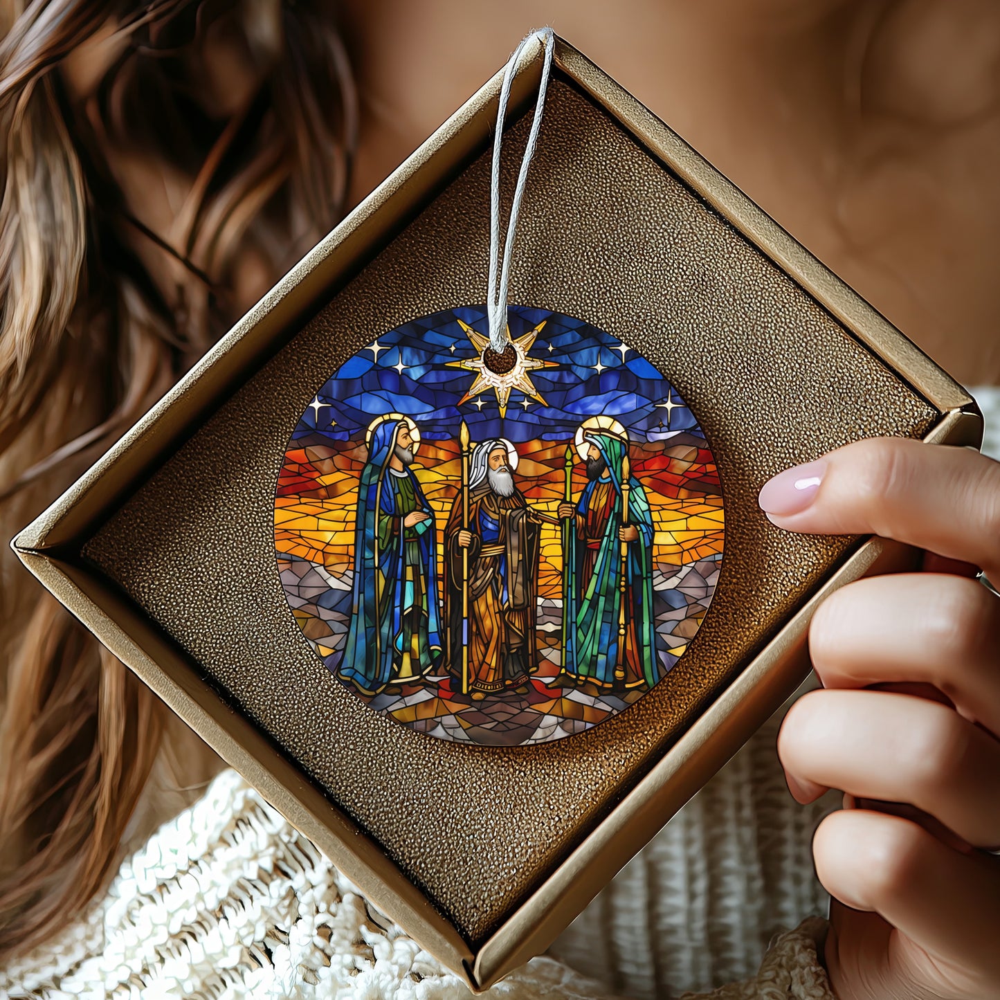 Stained Glass Christmas Ornament with Religious Scene product