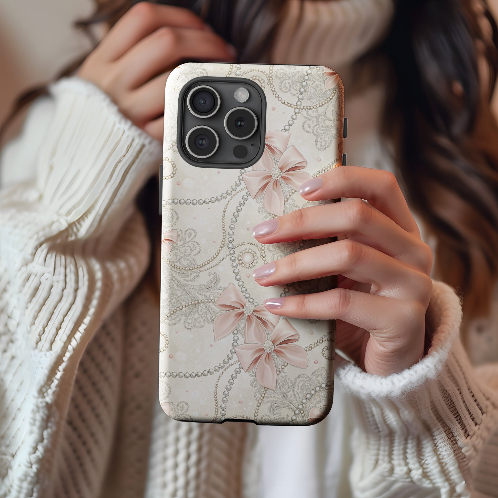 Elegant Pearl and Ribbon Pattern Phone Case Product