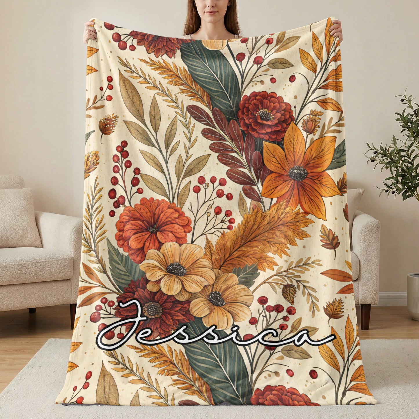 Personalized Floral Pattern Throw Blanket with Name Jessica