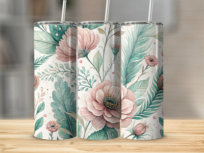 Elegant Pink Flowers with Leaves Floral Design 20 oz Skinny Tumbler - Walk Greener