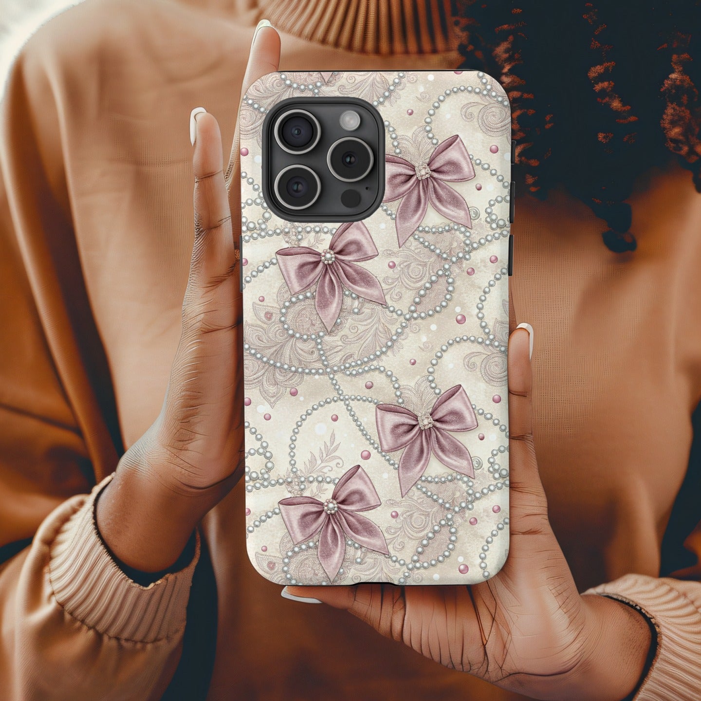 Elegant Bow and Pearl Pattern iPhone Case Cover