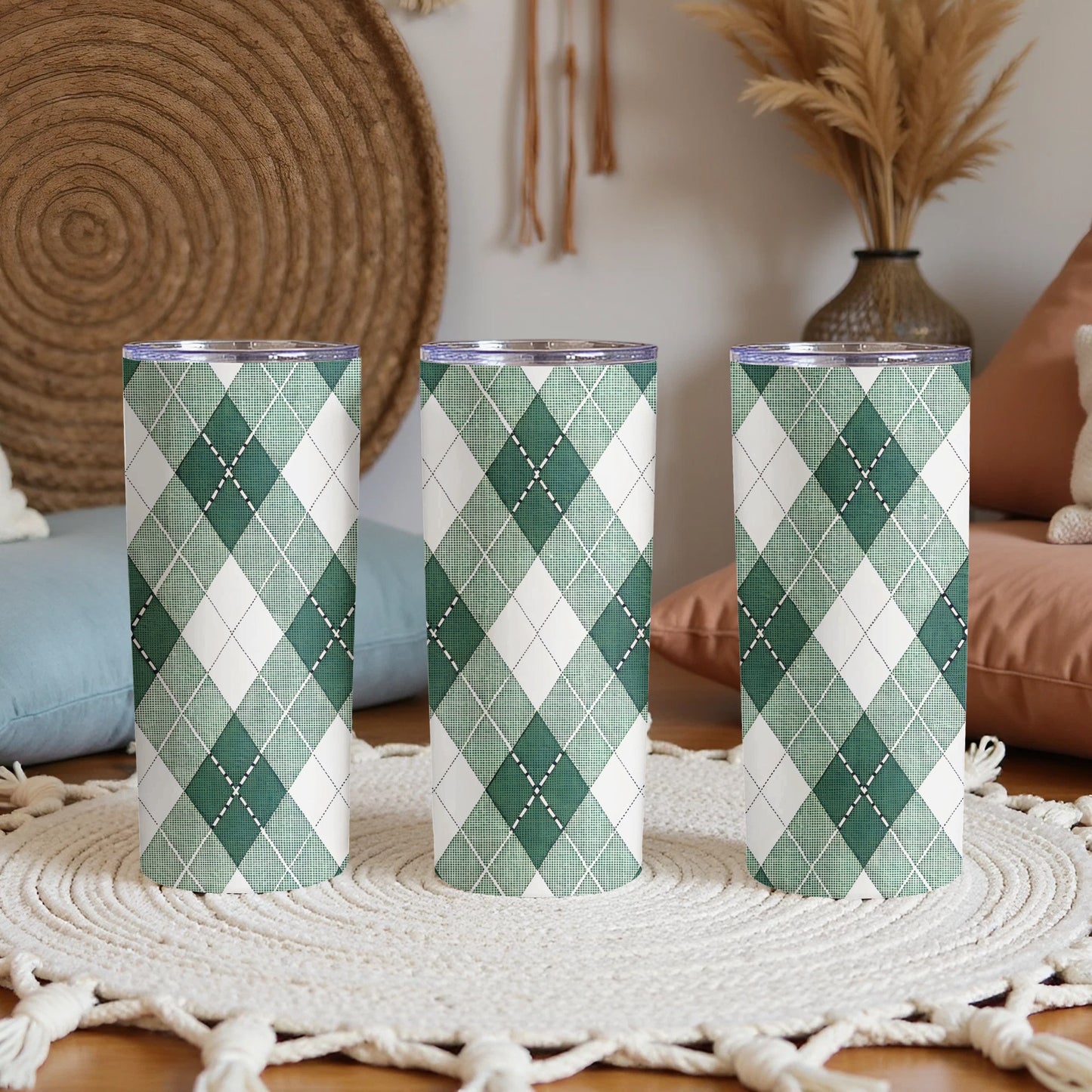 Green Argyle Pattern 20oz Insulated Tumbler Flask