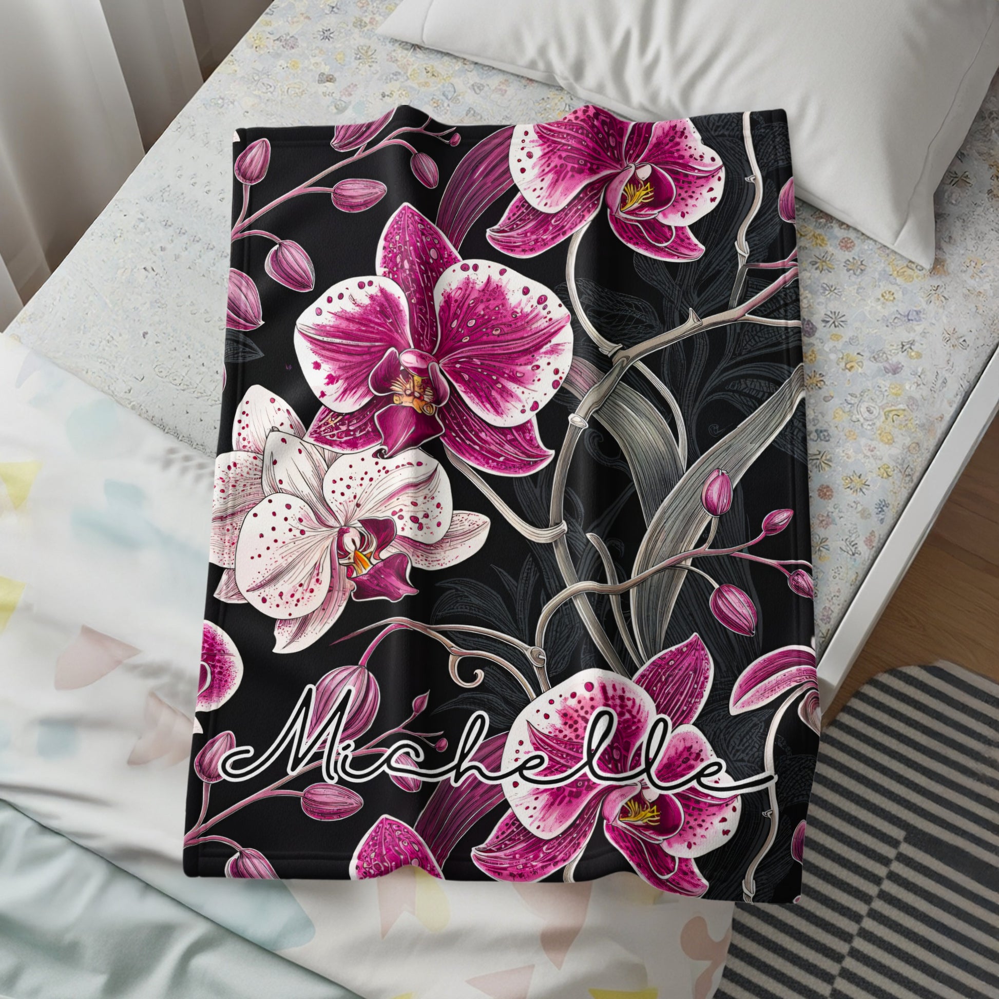 Custom Name Floral Design with Orchids on a Black Backdrop - Walk Greener