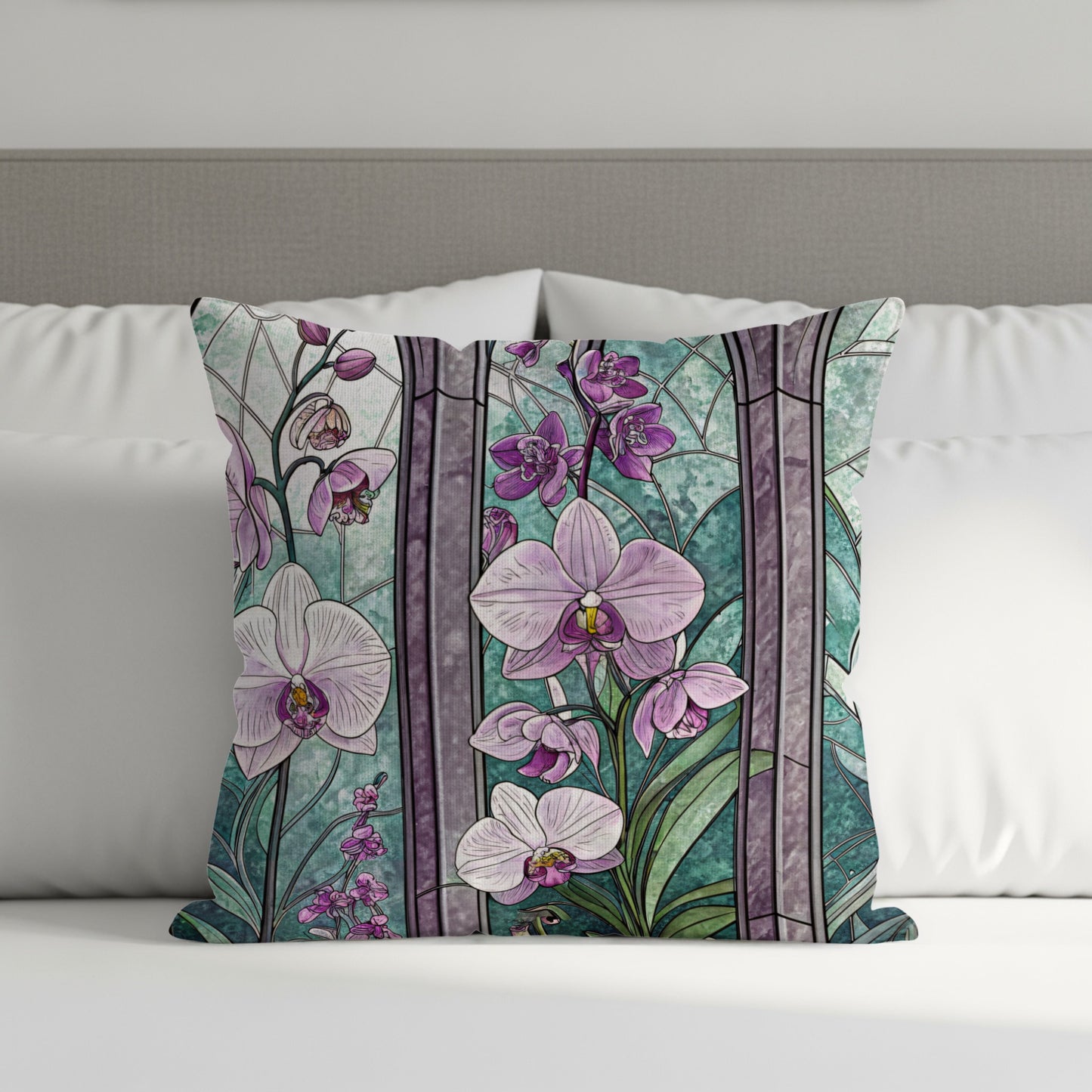 Elegant Stained Glass with Orchids Floral Motif Throw Pillows - Walk Greener