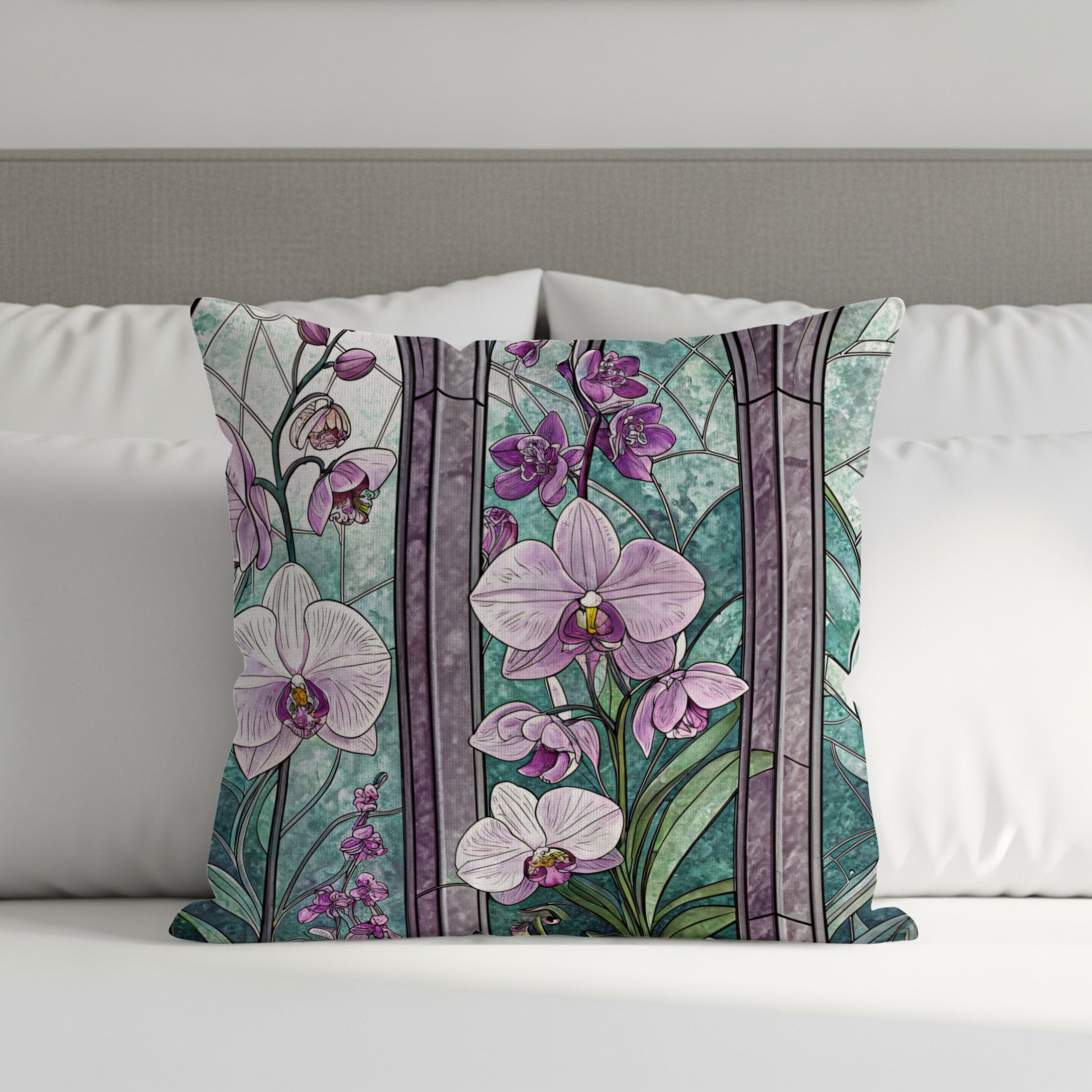 Elegant Stained Glass with Orchids Floral Motif Throw Pillows - Walk Greener