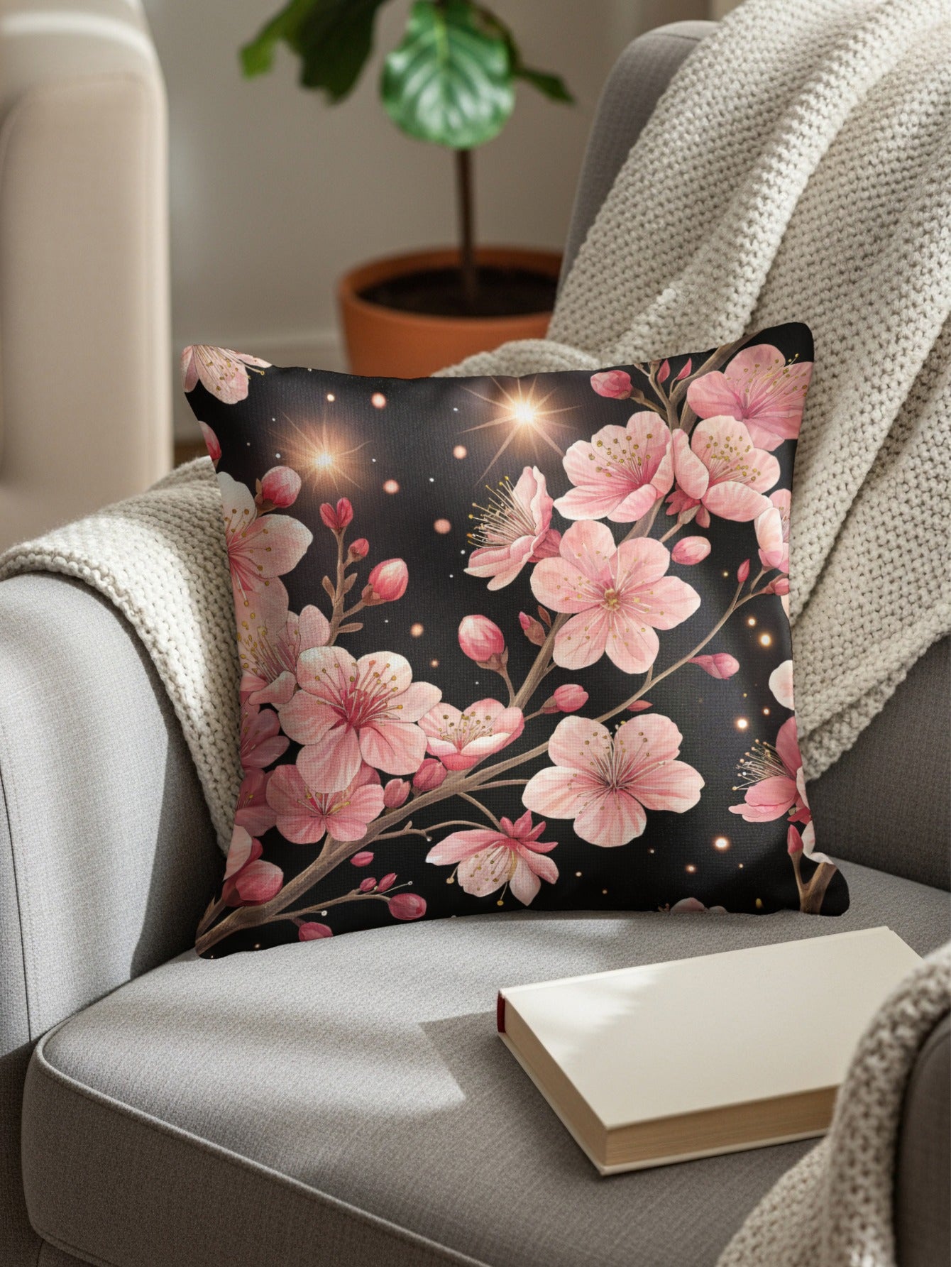 Elegant Black and Pink Cherry Blossom Accent Pillow