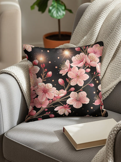 Elegant Black and Pink Cherry Blossom Accent Pillow