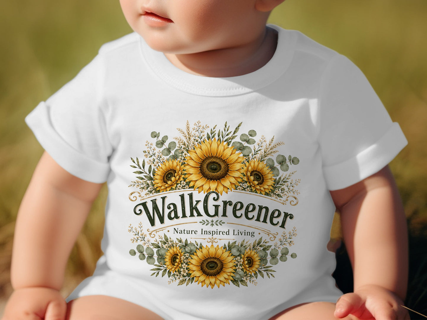 White baby t-shirt with "WalkGreener Nature Inspired Living" and sunflowers.