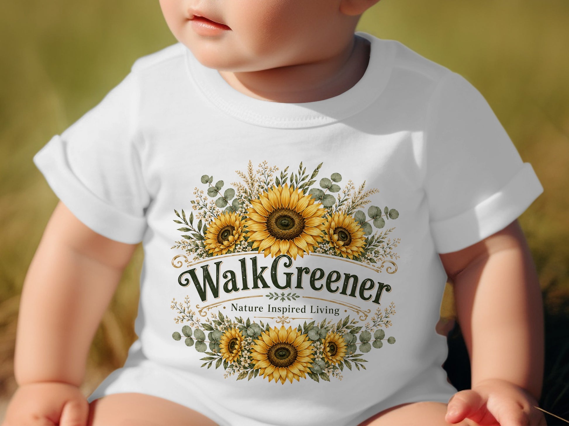 White baby t-shirt with "WalkGreener Nature Inspired Living" and sunflowers.