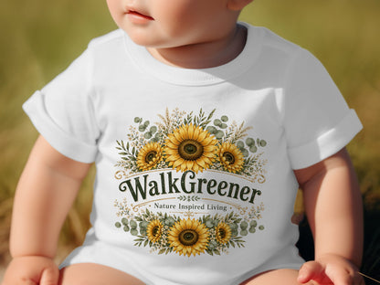 White baby t-shirt with "WalkGreener Nature Inspired Living" and sunflowers.