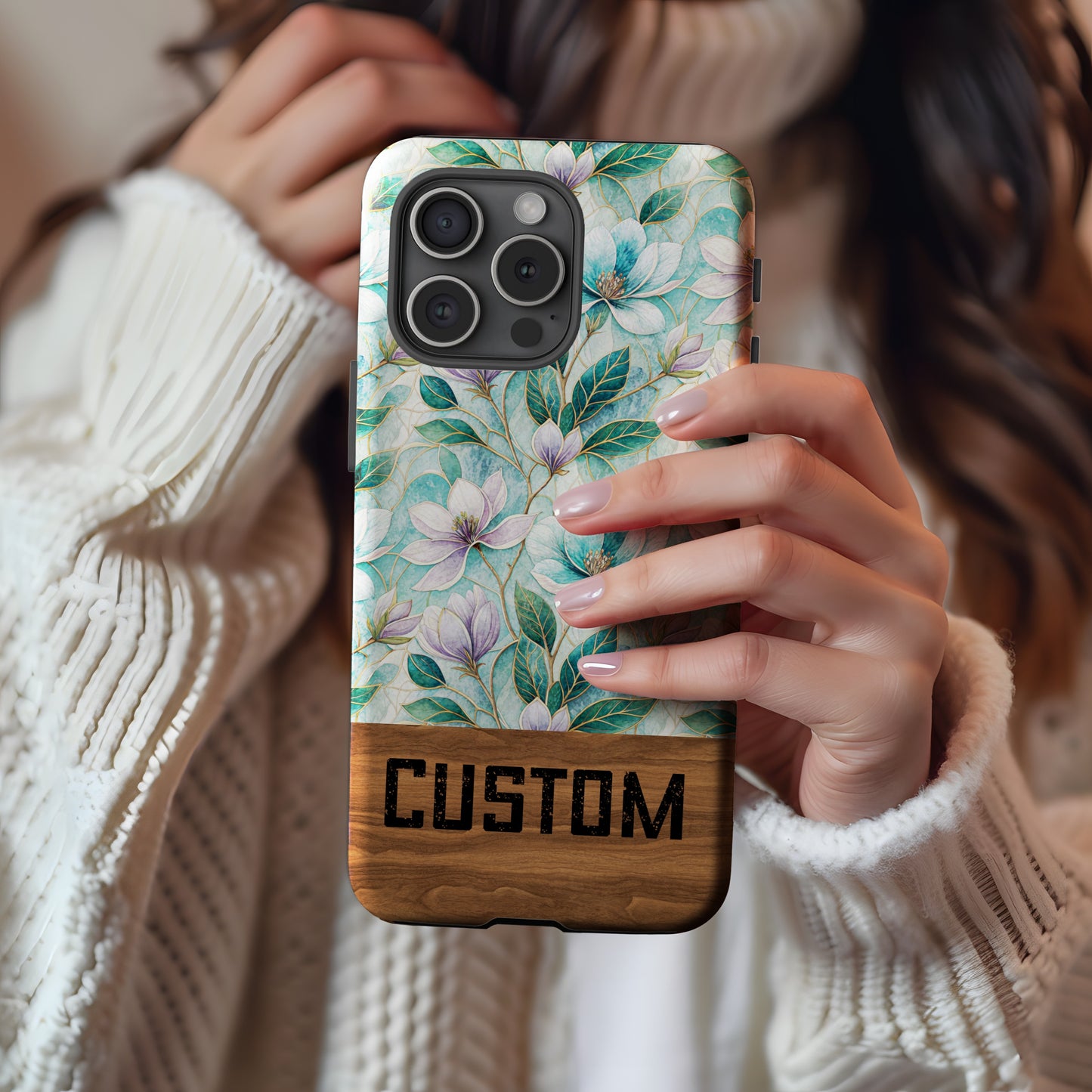Custom Floral Pattern iPhone Case With Wooden Accent