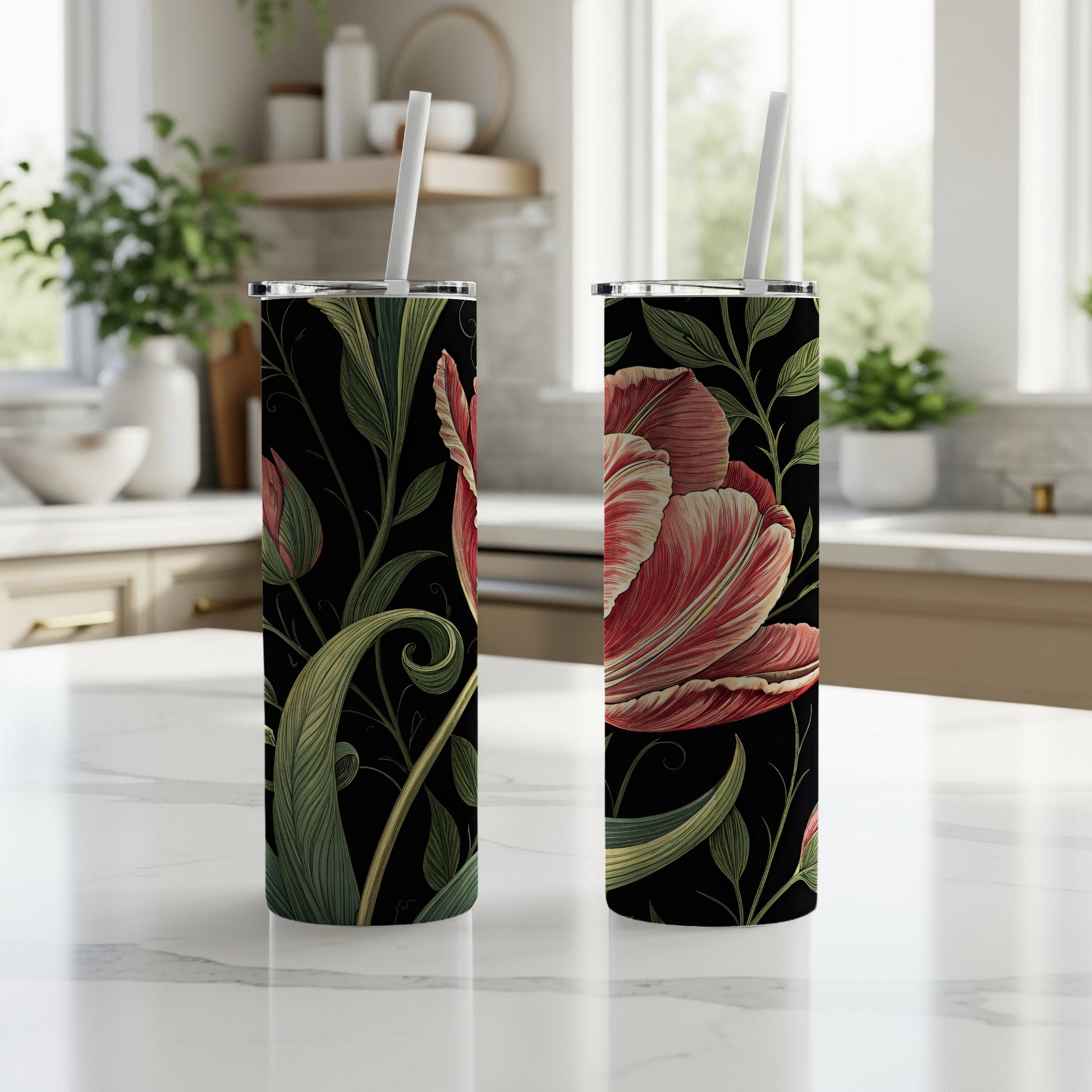 Floral Designed Insulated Tumbler with Straw Drinkware