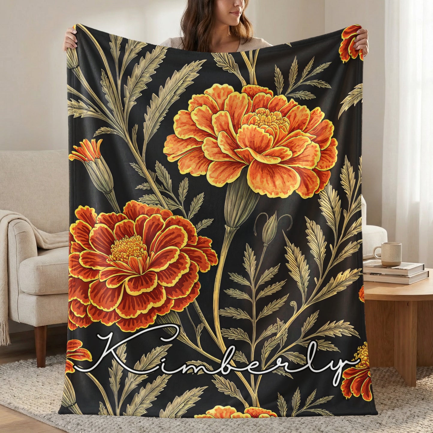 Custom Black Floral Blanket with Name Kimberly Design