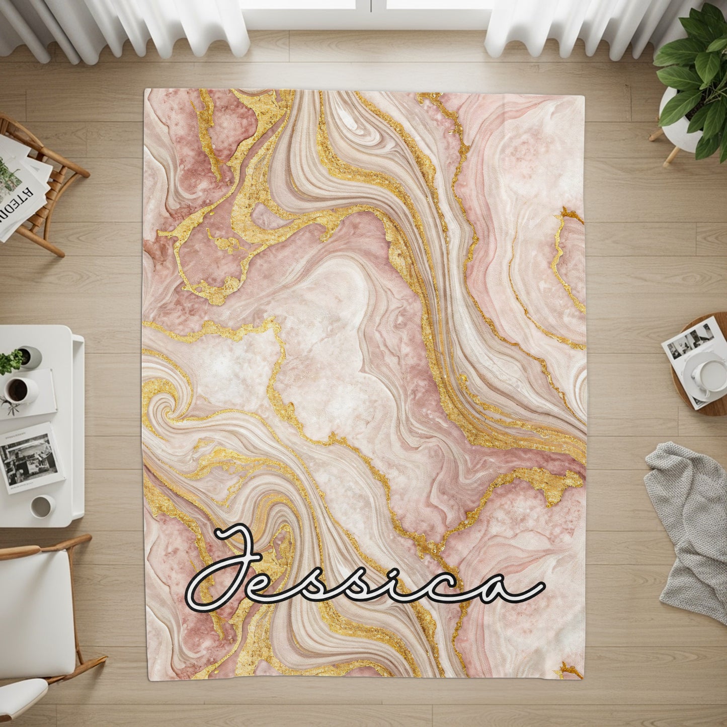 Pink Marble with Golden Veins Custom Name Blanket - Walk Greener
