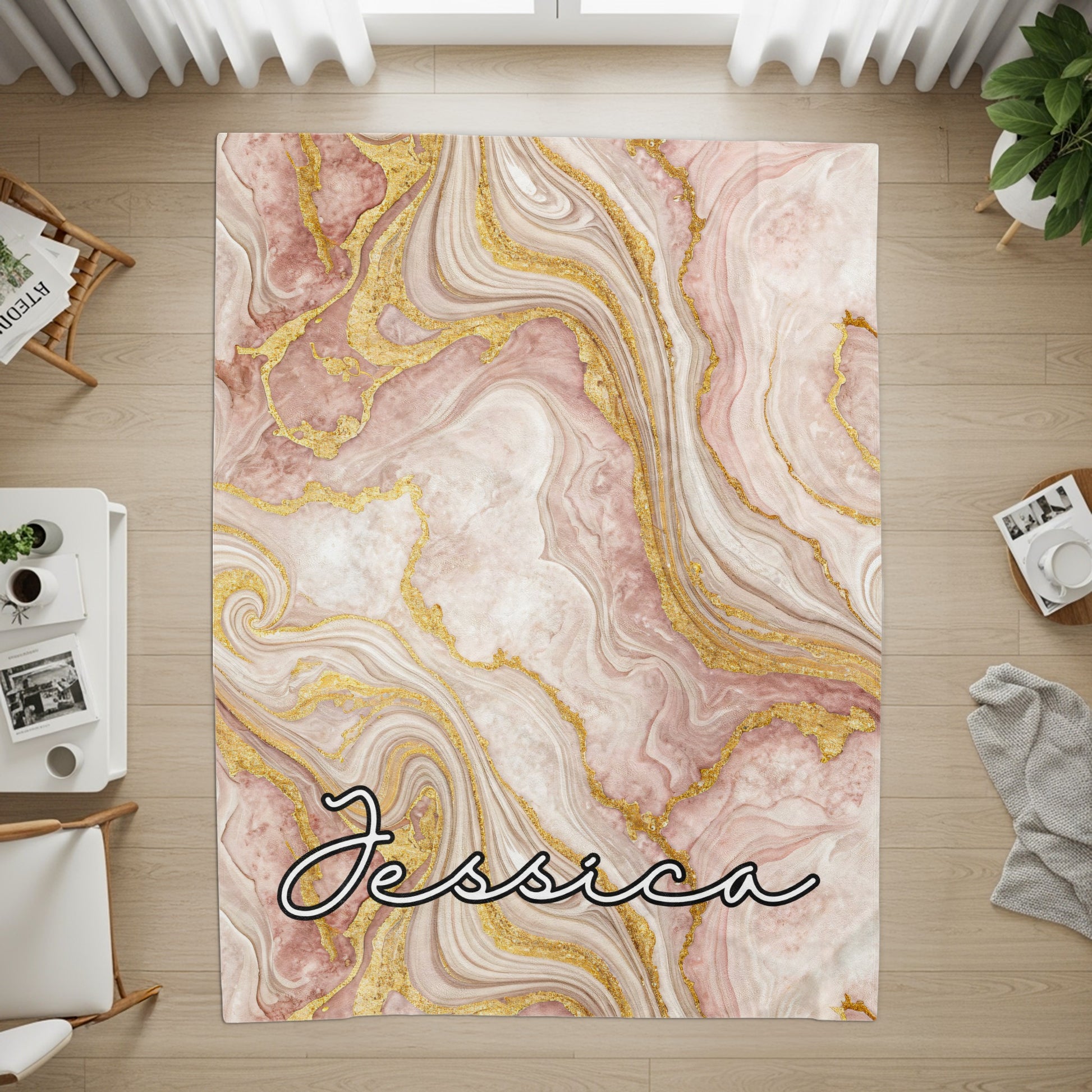 Pink Marble with Golden Veins Custom Name Blanket - Walk Greener
